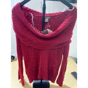 Kenar Womens Red Open Knit Cowl Neck Sweater Off Shoulder Crochet Long Sleeve M